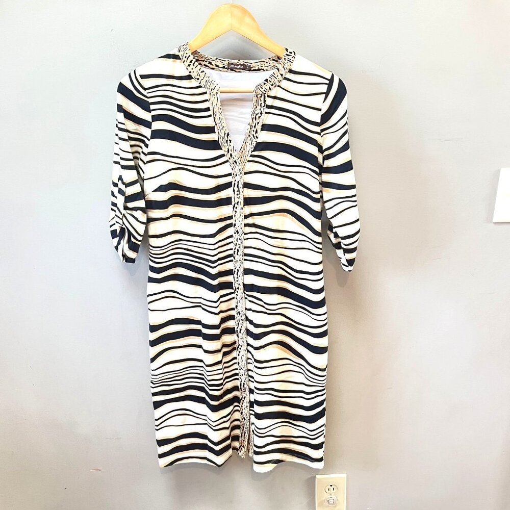 J. McLaughlin Womens Striped Dress With Embellished Neckline & 3/4 Sleeves - Siz